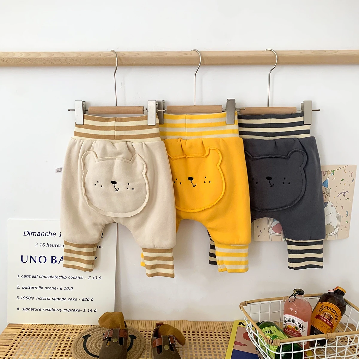 Newborn Baby  Boys Girls Winter Clothes Pants Keep Warm Cartoon Bear Print Back Cute Double  Leggings