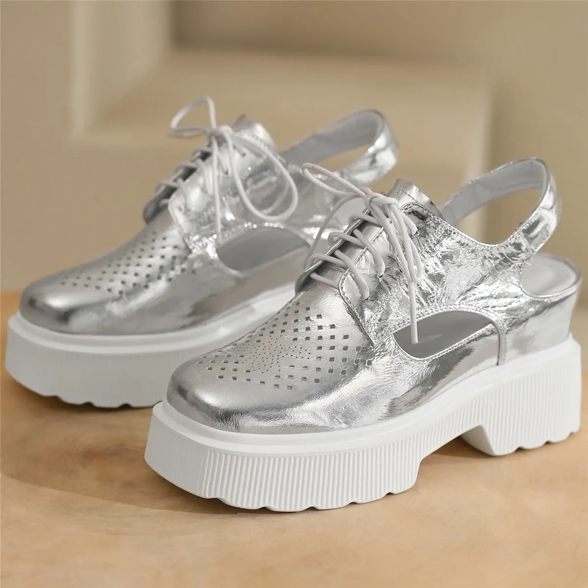 

Summer Platform Pumps Women Lace Up Genuine Leather High Heel Gladiator Sandals Female Square Toe Motorcycle Boots Casual Shoes
