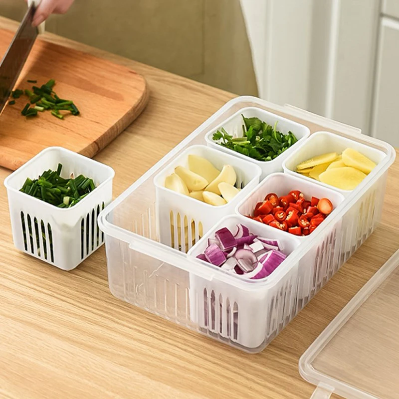 Refrigerator Storage Box 6 Grid Food Vegetable Fruit Storage Box Fridge Organizer Drain Basket Meat Onion Ginger Clear Crisper