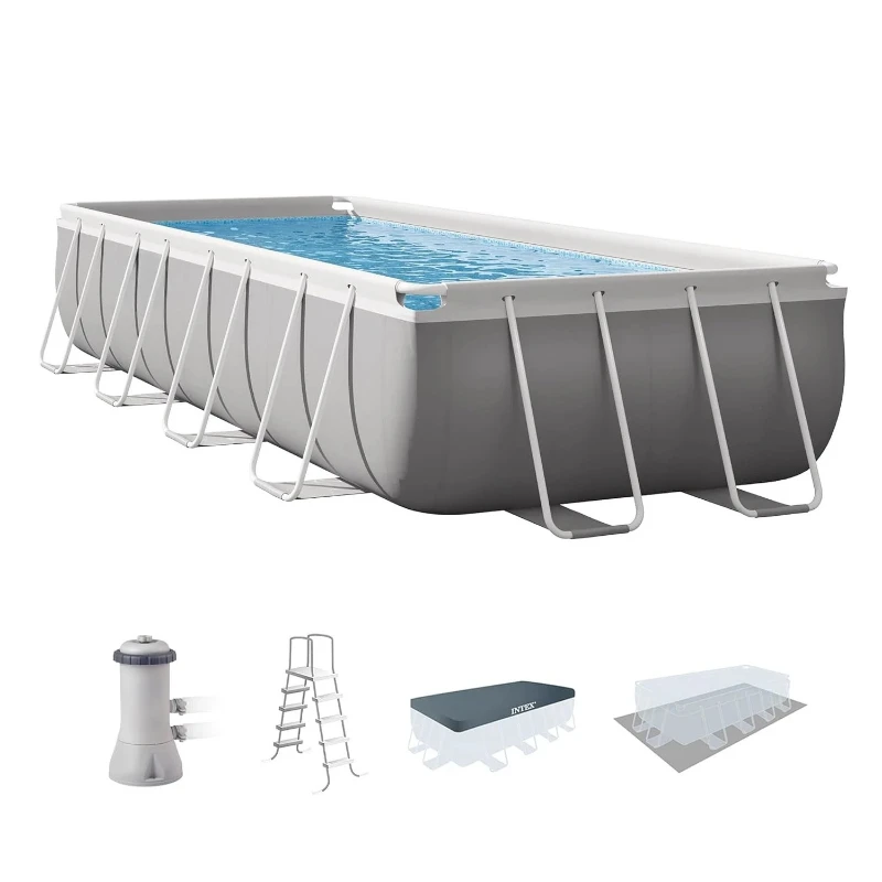 Rectangular above-ground pool set, complete outdoor backyard for summer