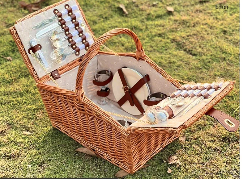 Shaped Double-Open Design  Artisan Rattan Wicker Picnic Basket - Creative House-for Portable Outdoor Spring Outing & Camping