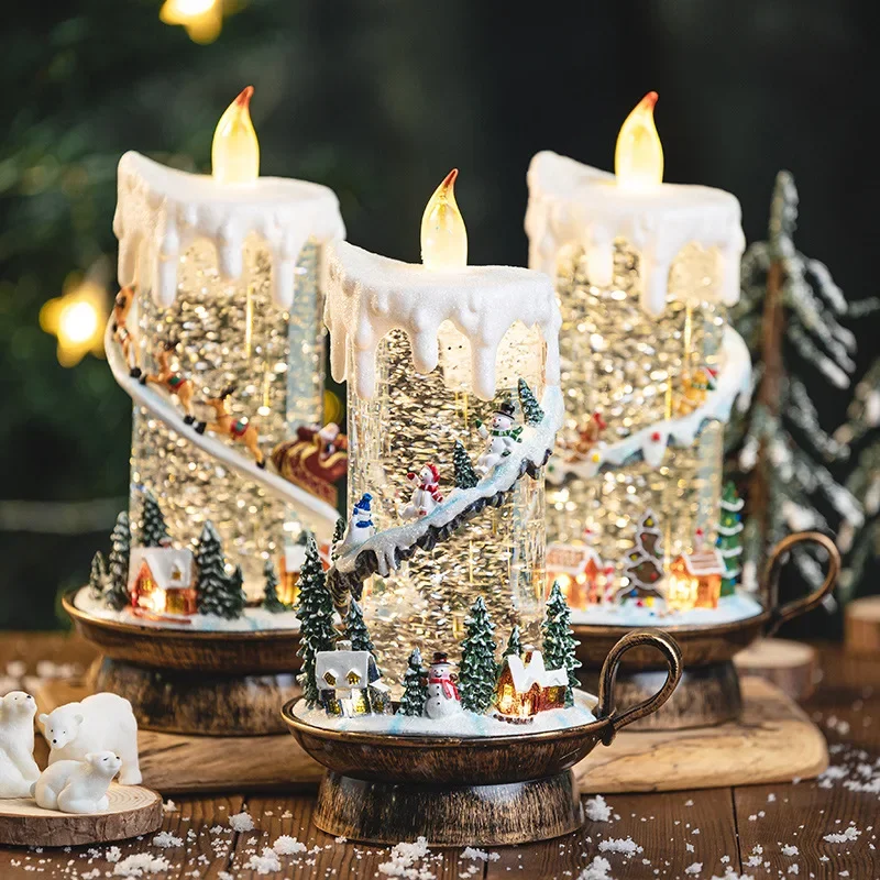 Christmas Wind Lantern Night Light Decoration Candle Snow Ornament Arrangement Candle Holder Gift Scene Window Music Box