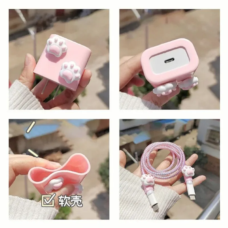 고양이 발 케이블 와인더 USB 충전기 어댑터, 소프트 커버 케이블 랩 보호대, 안드로이드 아이폰 데스크 정리함, 홈 오피스용, 1 세트