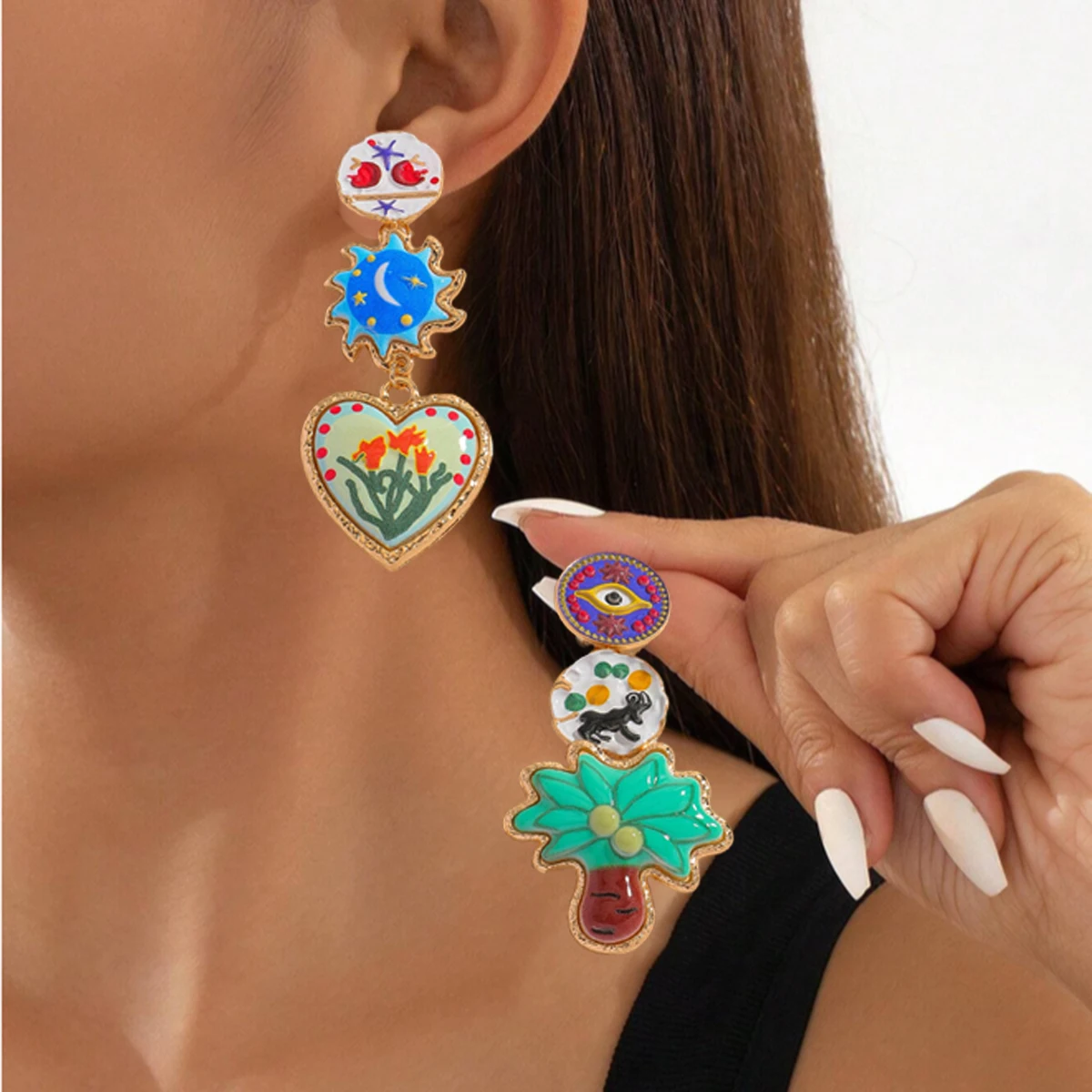 

Resin Plam Tree And Flower Earrings For Women Bohemia Vintage Enamel Metal asymmetrical Charm Ear Jewelry Accessories Gift