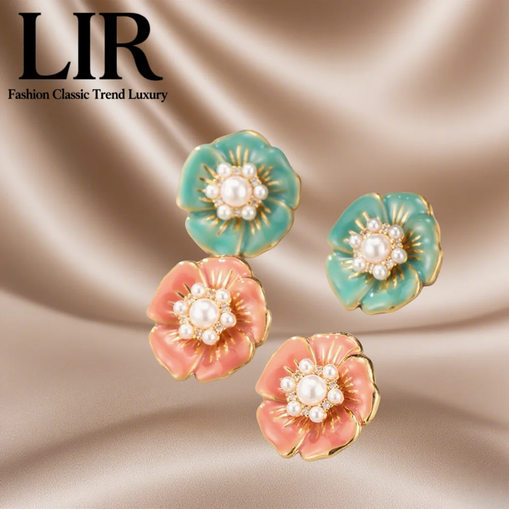 

LIR Vintage Glazed Petal Earrings: Pearl Inlay, Orange & Cyan Options, Trendy Women's Jewelry