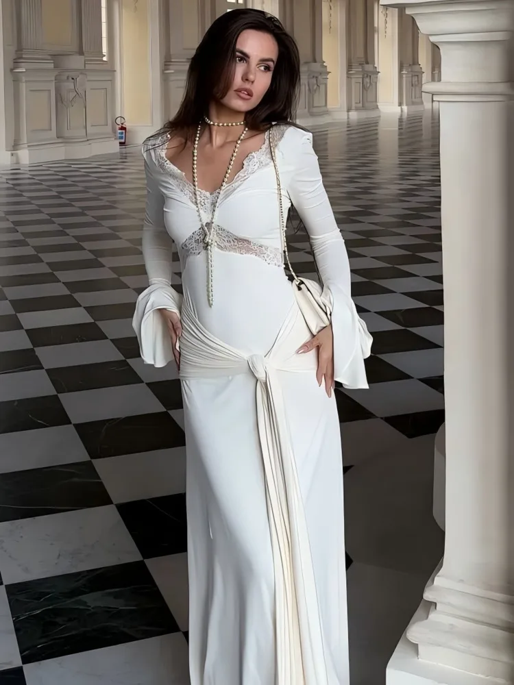 Articat elegante manga longa renda retalhos estiramento apertado vestido longo feminino sexy com decote em v bodycon festa vestido de noite outono new2025