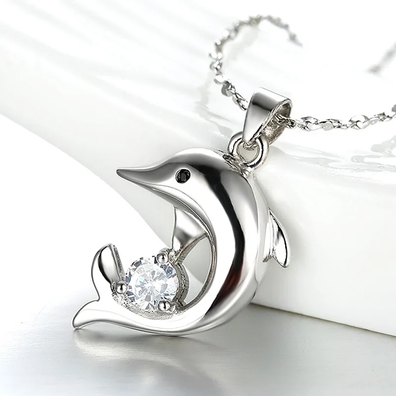 925 Sterling Silver Necklace Small Dolphin Zircon Pendant Necklace For Women Charm Jewelry Gifts