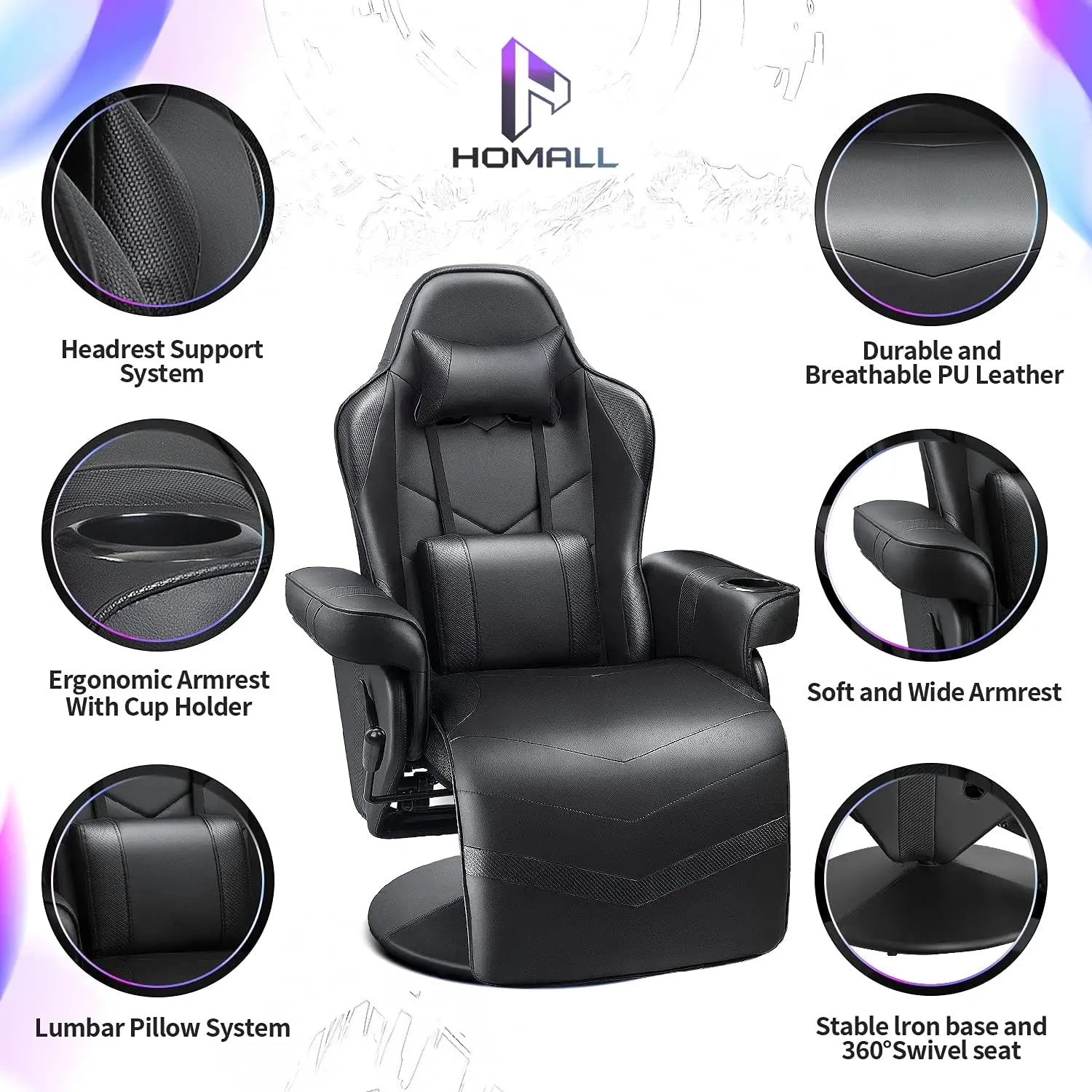 Cadeira ergonômica ajustável do sofá único com apoio para os pés e encosto de cabeça, Computer Racing Style, Reclining Video Gaming, PU Leather