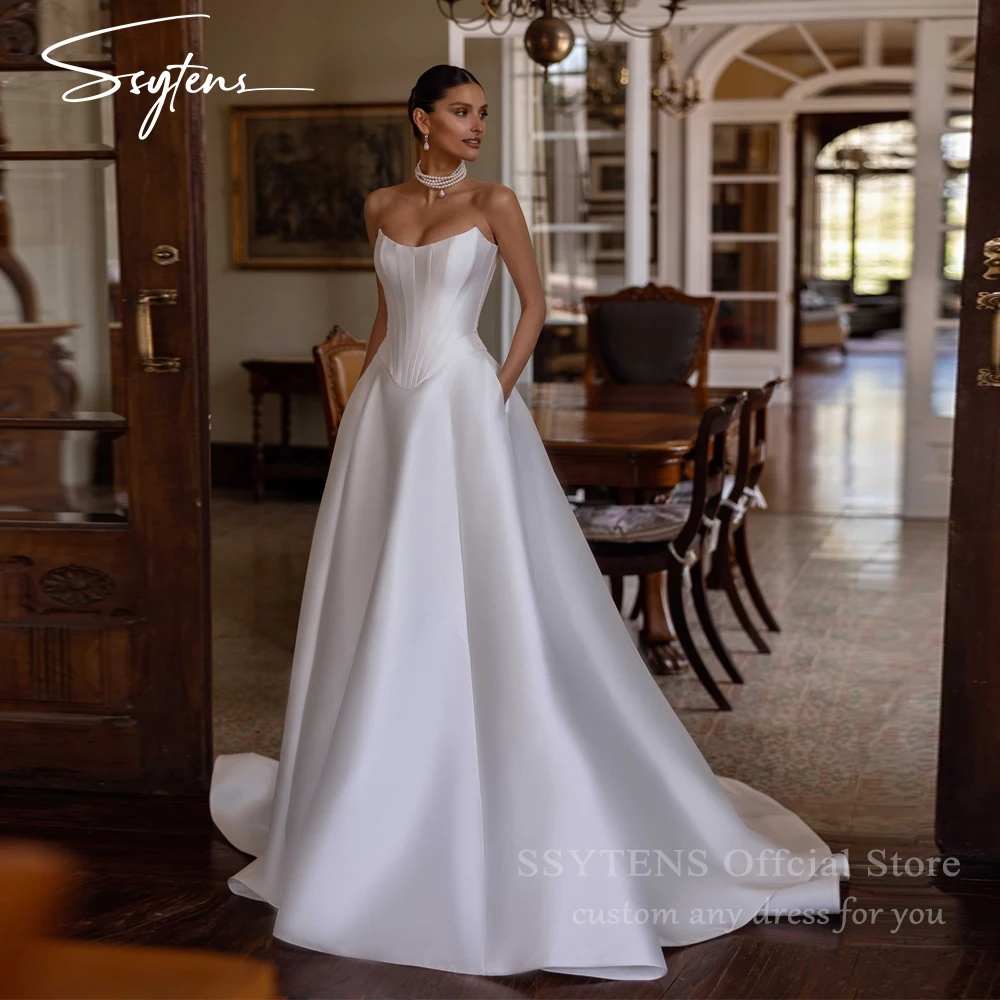 

SSYTENS Satin Wedding Dresses Brides 2026 Strapless Ball Gown Simple Bridal Dress With Pockets Classic Bride Gowns Customized