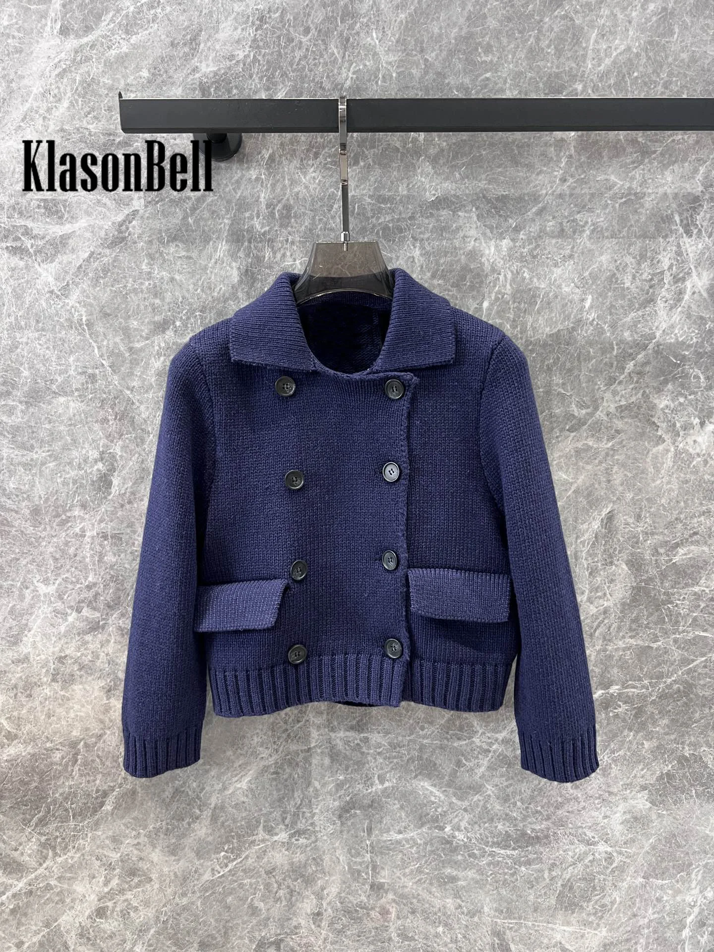 10.16 KlasonBell Fashion Runway Lapel Double Breasted Wool Knit Keep Warm Cardigan Fit Women Sweet All-match Short Coat