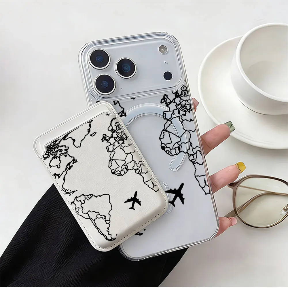 

Black White Airplane Route For Magsafe wallet Magnetic Card holder Phone Case For iPhone 17 16 13 16 15 12 14 Pro Max Plus Cover