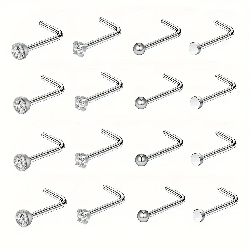 16pcs 20G الفولاذ المقاوم للصدأ L-شكل حلقات الأنف مع زيركونيا جولة الكرة والقرص تصميم النساء أنيقة الأنف دبابات ثقب المجوهرات #4