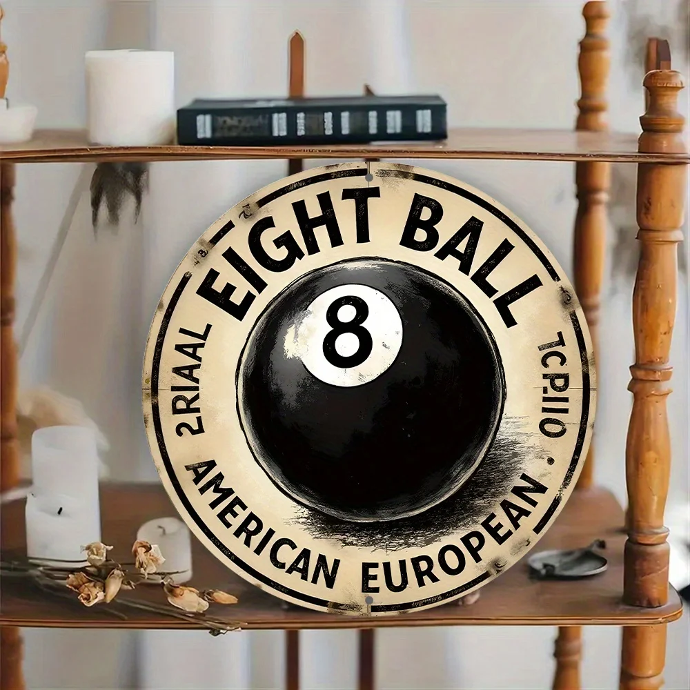 Black Number Eight Ball with the Number Eight on It. Wreath Sign, 8-inch, Round Aluminum Sign