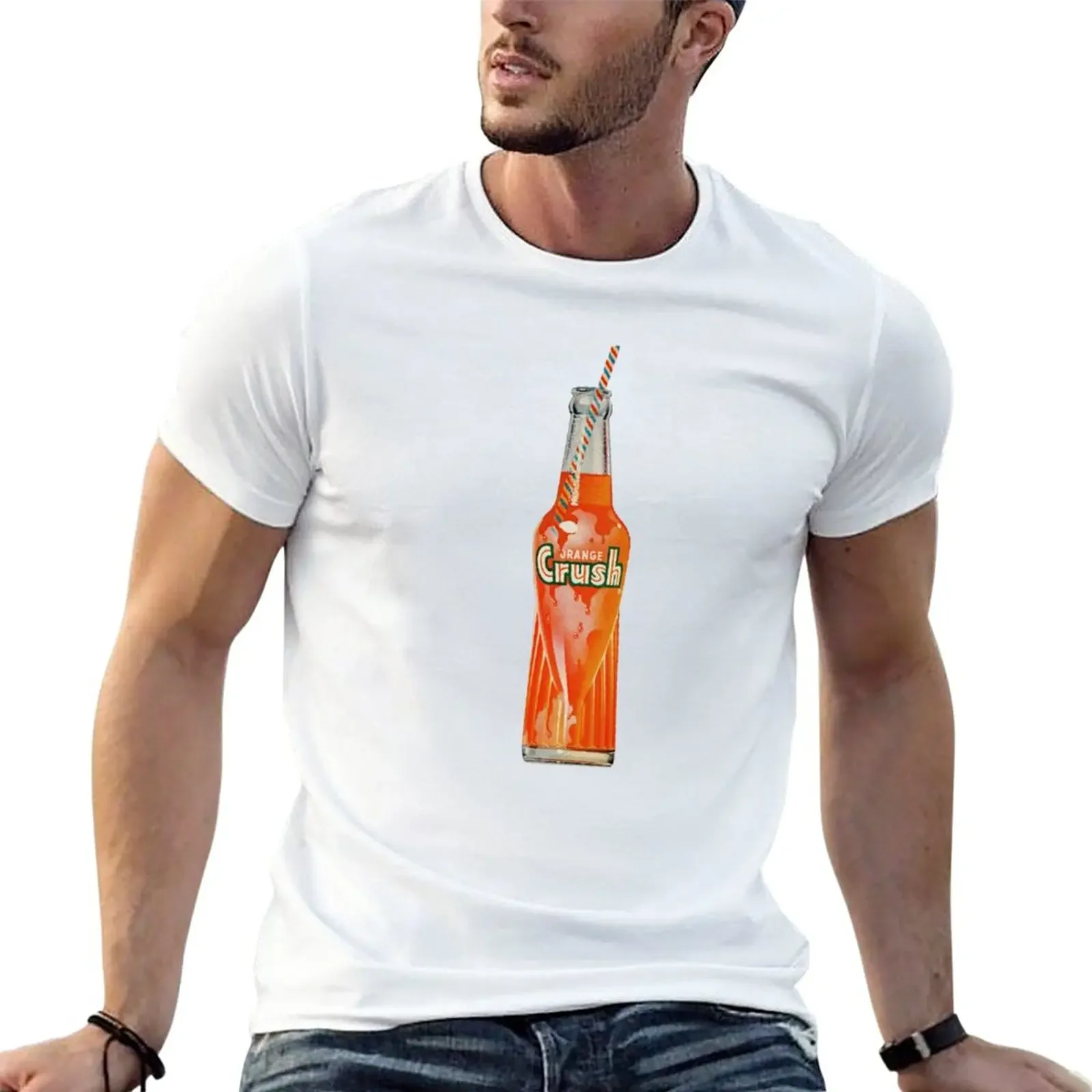 Camiseta vintage para hombre, ropa estética en blanco, con estampado de refrescos, gruesas y grandes, color naranja, novedad