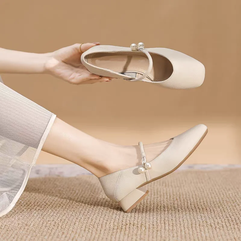 

Женские туфли из мягкой кожи в ретро-стиле, французский стиль, низкий квадратный каблук, толстый каблук, туфли Мэри Джейн