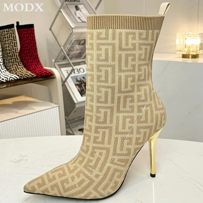 Stretch Fabric Ankle Boots Fashion Thin Heel Mixed Color Pointed Toe Short Boots for Women Sexy Luxury Runway Shoes Botas Mujer