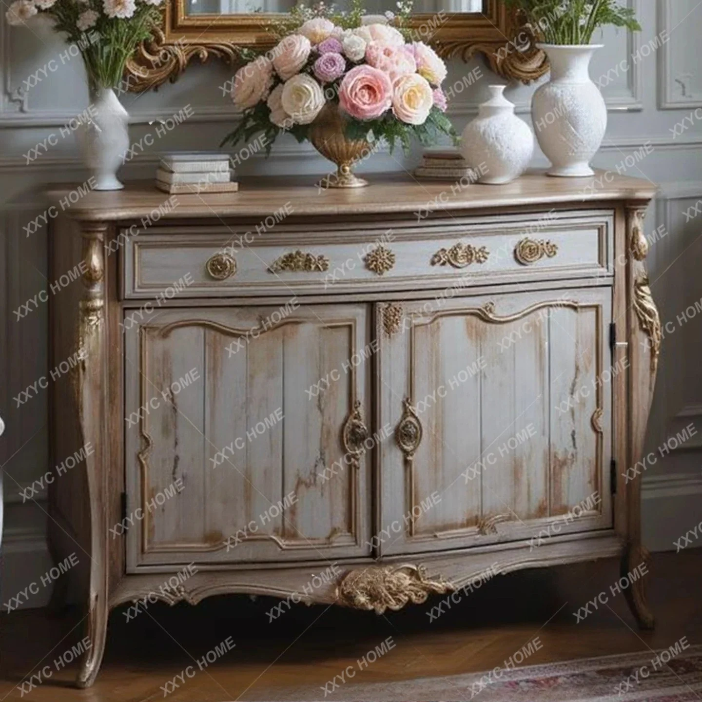 retro solid wood carving flower nine bucket home bedroom multi-functional drawer decorative cabinet