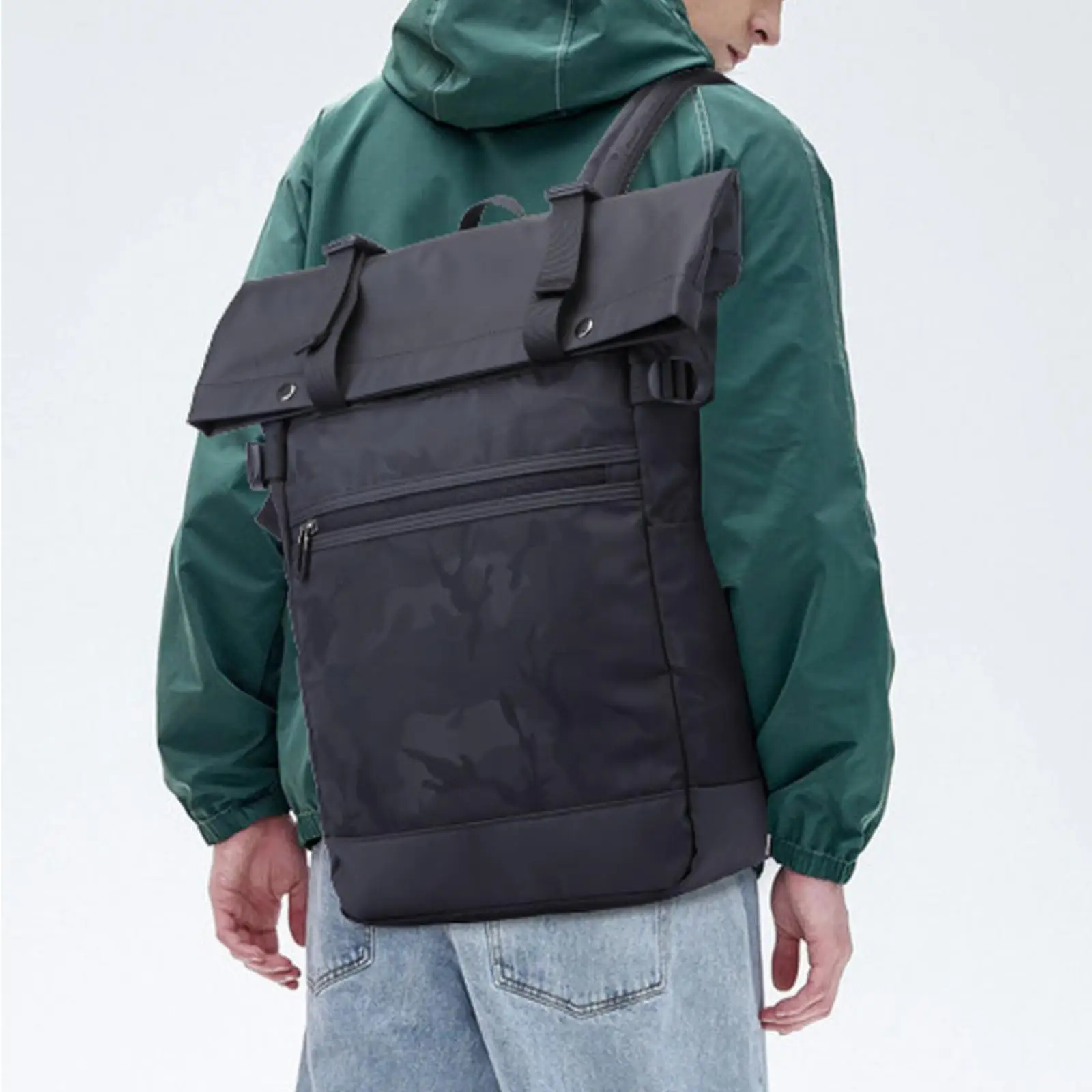 Large Capacity Fabric Backpack for Travel and Work Waterproof Oxford Laptop Bag PU Trim Commuter Daypack