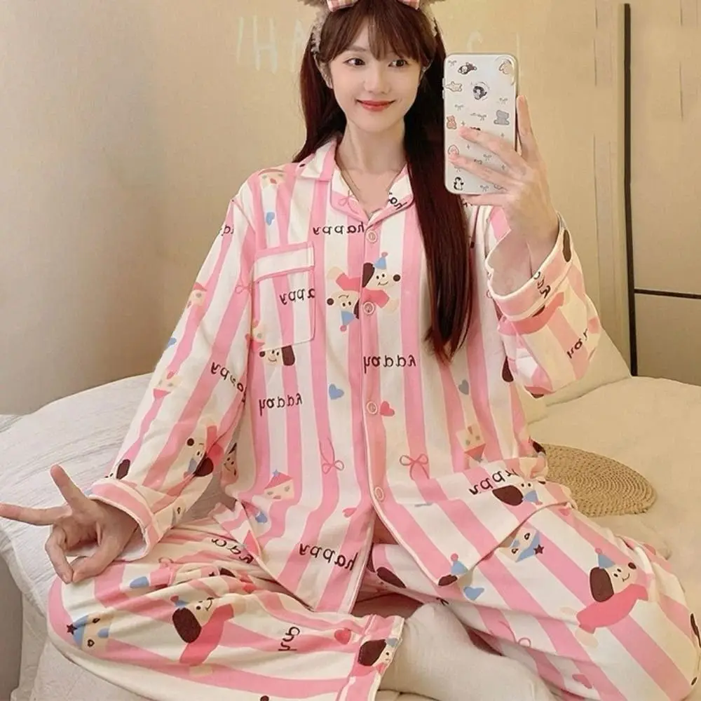 

Sweet Flip Collar Stripe Pajamas Set Dog Casual Long Sleeves Pajamas Penguin Loose Sweet Pajamas Suit Women