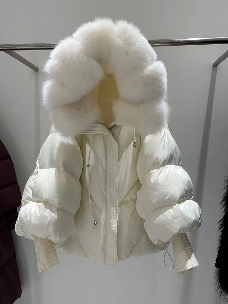 

Winter Natural Large Fur Collar Hooded Down Jacket Women White Duck Down Solid Outwear Female Warm Quilted Lantern Sleeve Jacket
