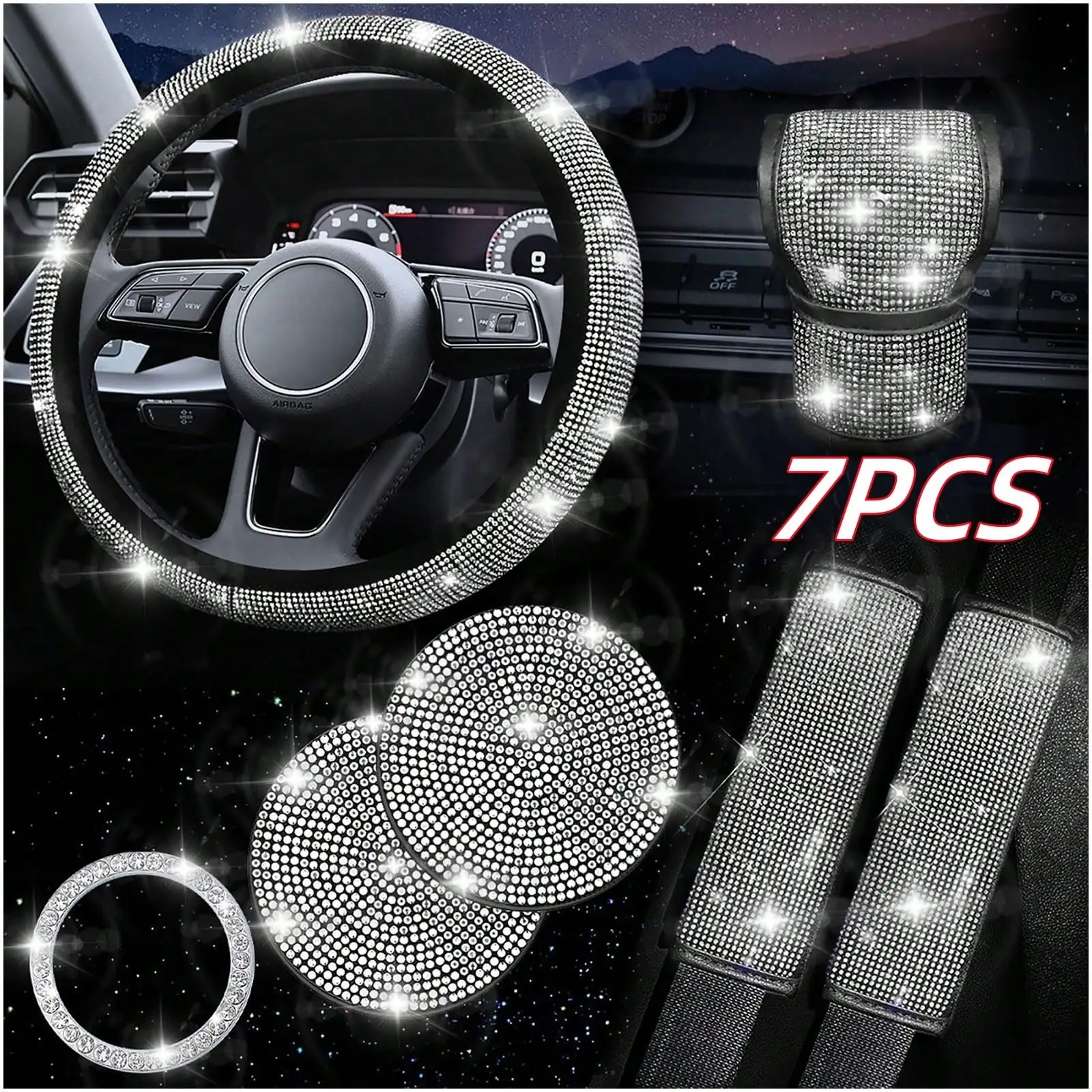 

7-piece sparkling rhinestone car accessory set, designed for female drivers. This glittering collection includes steering wheel cover, seat belt covers, gear shift cover, decorative rings and cup holder coasters. Exquisitely inlaid with shiny crystals