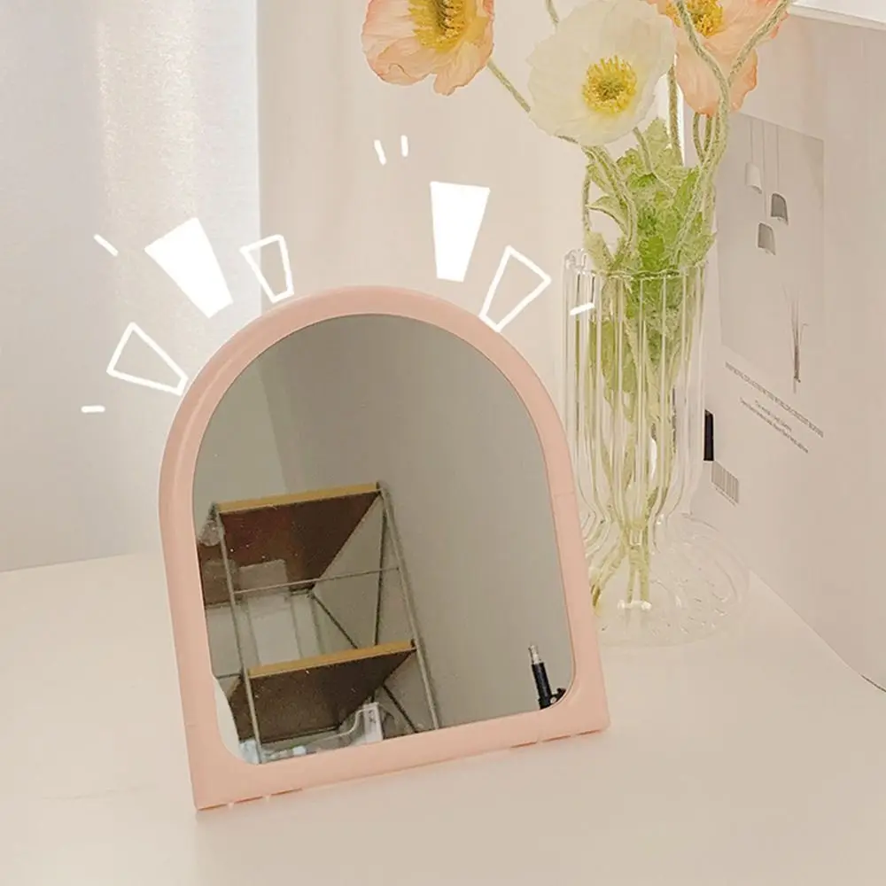 Portable Arch Shaped Makeup Mirror Foldable Elegant Vanity Mirror with Bracket Cartoon Dressing Mirror Home Use