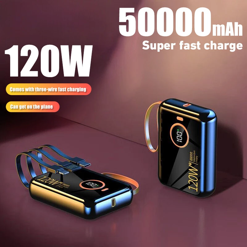 

Brand 120W Power Bank 50000mAh Portable Large Capacity Mobile Power Supply with USB-a USB-c Lightning Cable for IPhone Huawei