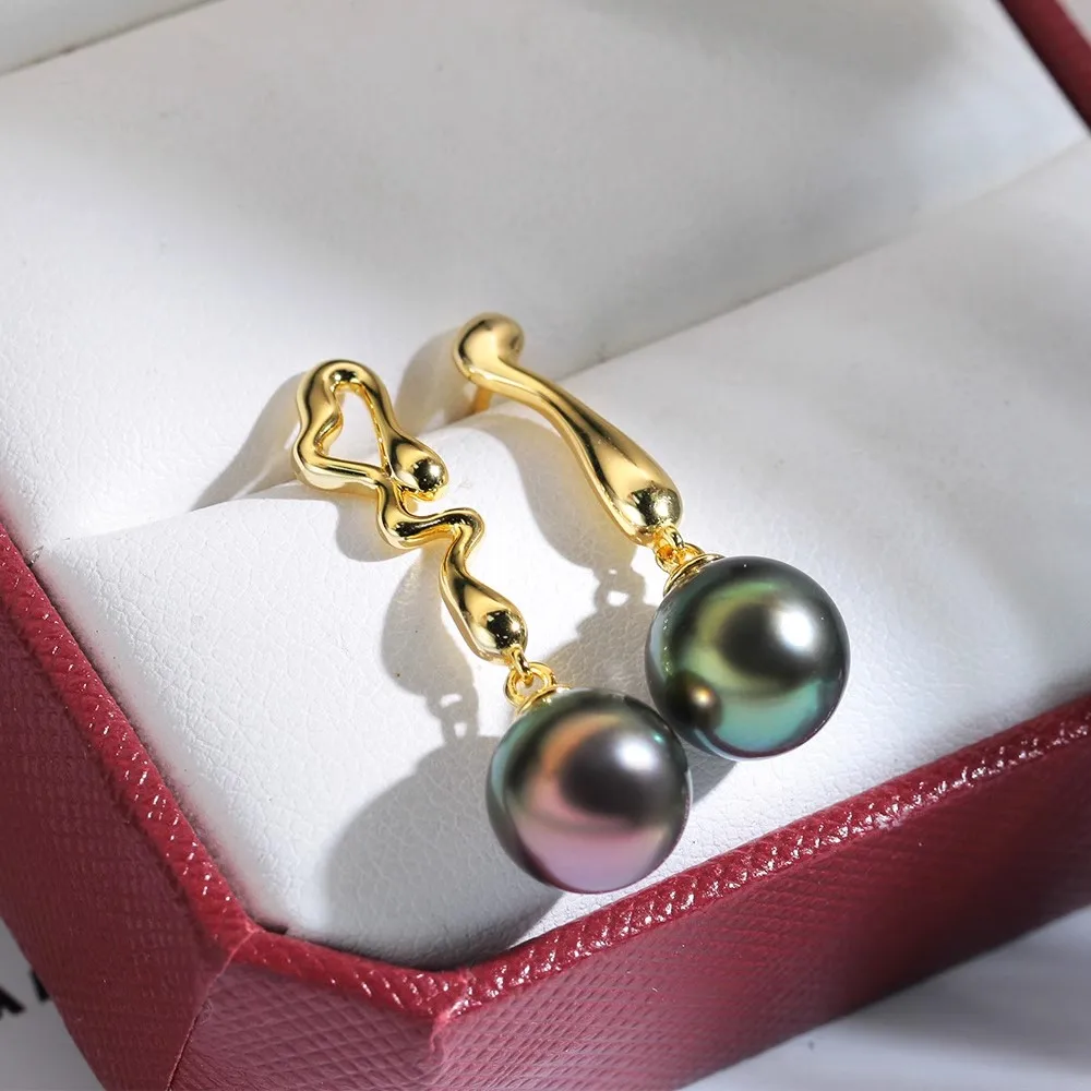 

New Fashion Asymmetric Earrings AAAA+9-10mm 10-11mm Natural Tahitian Round Pearl Earrings 925s