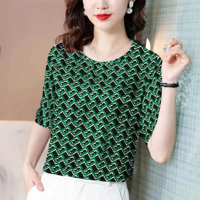 Women Clothing Summer Thin Loose Casual Simplicity Printing Short Sleeve Tops Women's Fashion All-match Temperament O-neck Tops