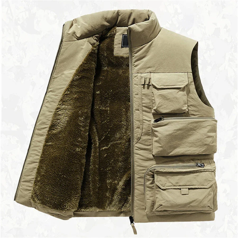 2024 New Men\'s Cargo Vest Winter Thick Fleece Warm Sleeveless Jacket Solid Color Tactical Coat Men Pockets Work Waistcoat 6XL