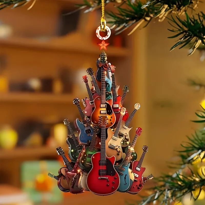 Adornos colgantes de guitarra navideña de Año Nuevo, colgante de árbol de Navidad acrílico plano 2D, suministros para Festival, regalo de decoración colgante, 3 uds., 2026