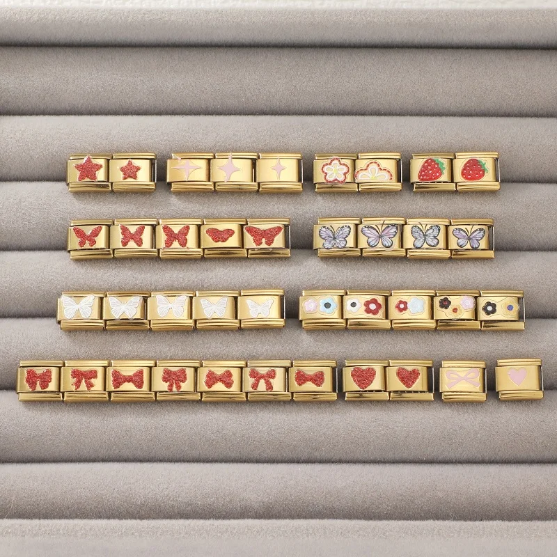 Y2k Bow Star Strawberry Sticker Italian Golden Charms Fit 9mm Stainless Steel Bracelets Women DIY Making Jewelry Gift Wholesale