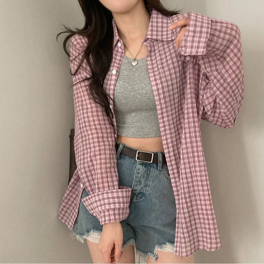 

Classic Plaid Loose Base Long Sleeve Shirt Autumn 2025 Fashion Korean Style Casual Outerwear Women's Cotton Polyester Straigh...