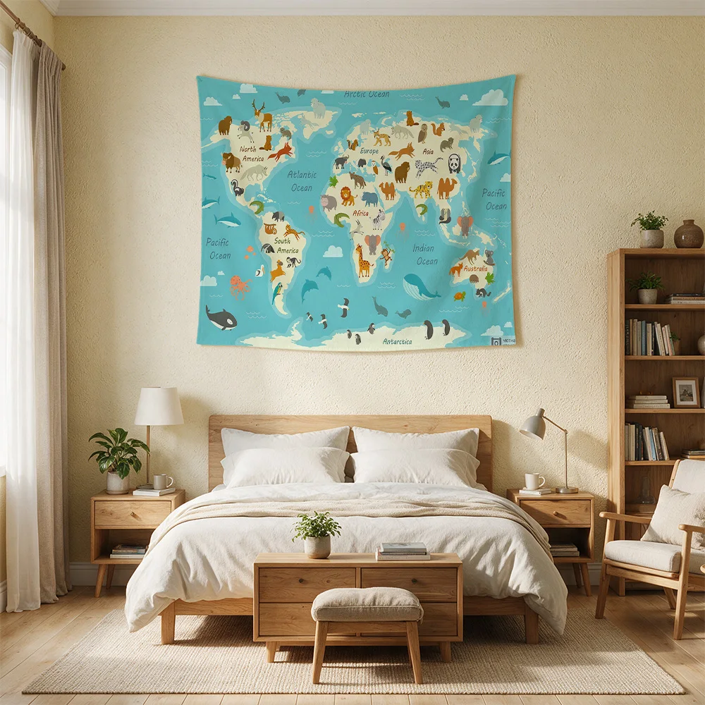 World Map Ocean Life Nursery Wall Hanging Kids Classroom Decor Educational Animal Print Tapestry