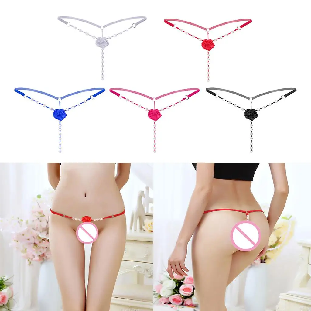 Pearls Flower G-String Thong Sexy Solid Low-Waist Massage Underwear Panties