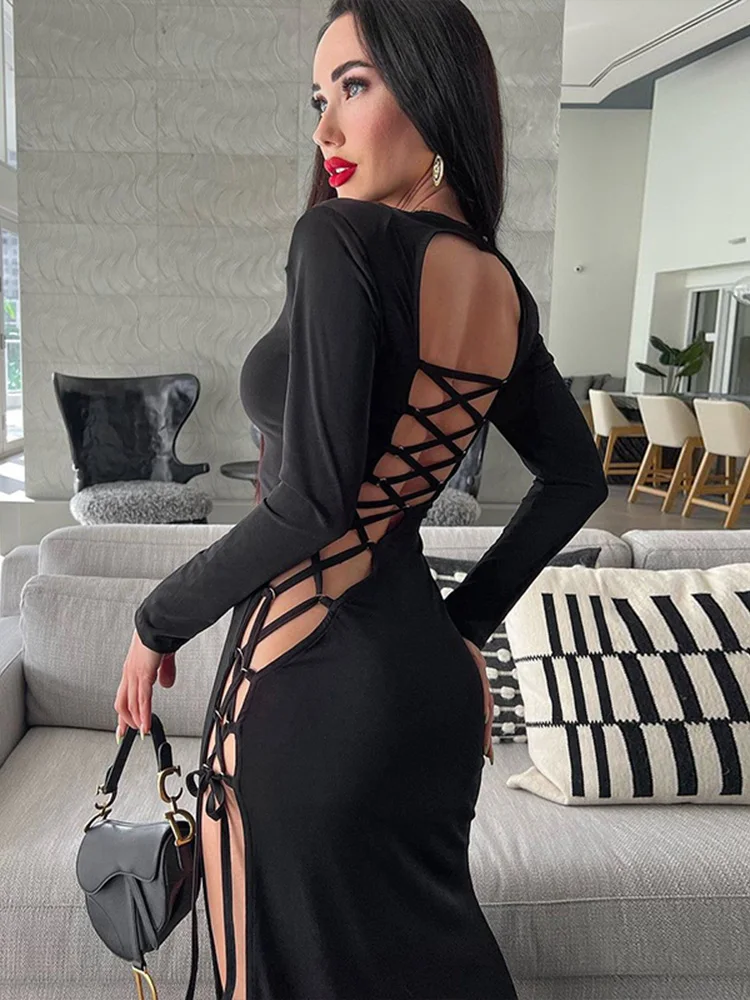 

Sexy Backless Crew Neck Long Sleeve Strap Lacing Hip Wrap Hottie Dress For Women 2024 Elegant Evening Maxi Dresses A2806