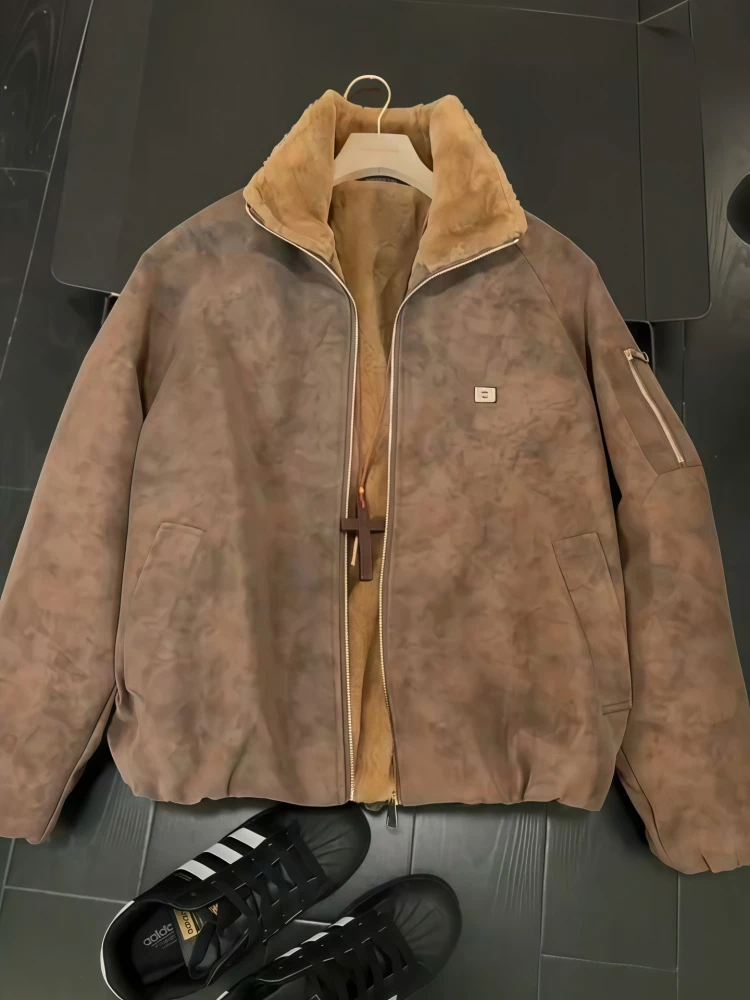 

Men's ort PU Leather Jaet Thiened Winter Cotton Coat Lamb Velvet Inner Warm Youth Faion Casual Zipper Closure Coat