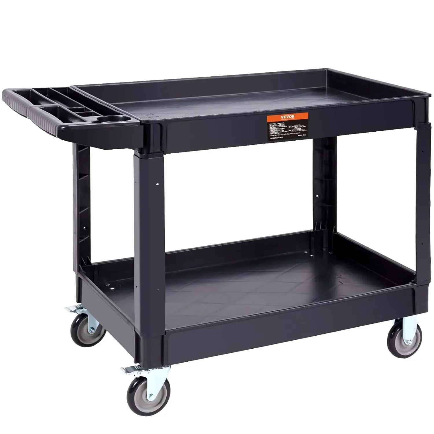 Cart, 2 Shelf 550LBS Heavy Duty Plastic Rolling Utility Cart with 360° Swivel Wheels (2 with Brakes), Large Lipped Shelf, Ergono