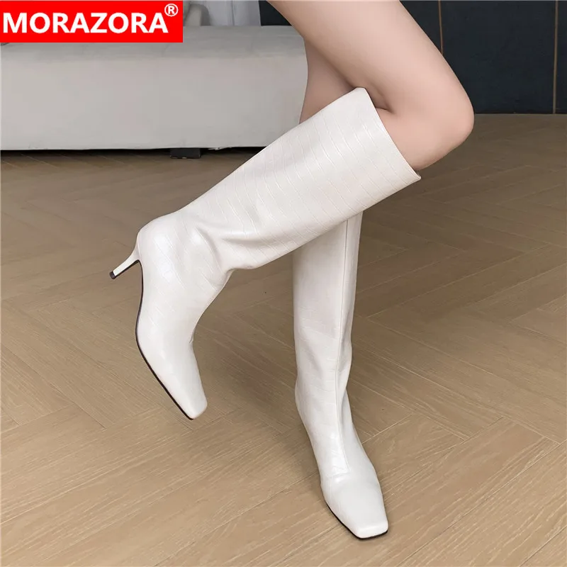 

ASUMER 2024 New Genuine Leather Boots Women Stiletto High Heels Beige Black Winter Knee High Boots Fashion Morden Footwear