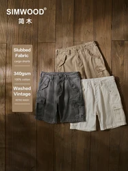 SIMWOOD 2024 Summer New Loose Straight 340gsm Slubbed Fabric Washed Vintage Cargo Shorts Tactical Hiking Outdoor Shorts