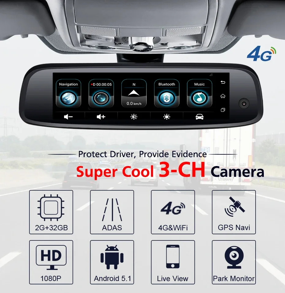 2019 New 2+32GB 3-CH Car DVR ADAS 4G Android Rearview Mirror FHD 1080P Special Bracket Auto DashCam Camera For Taxi