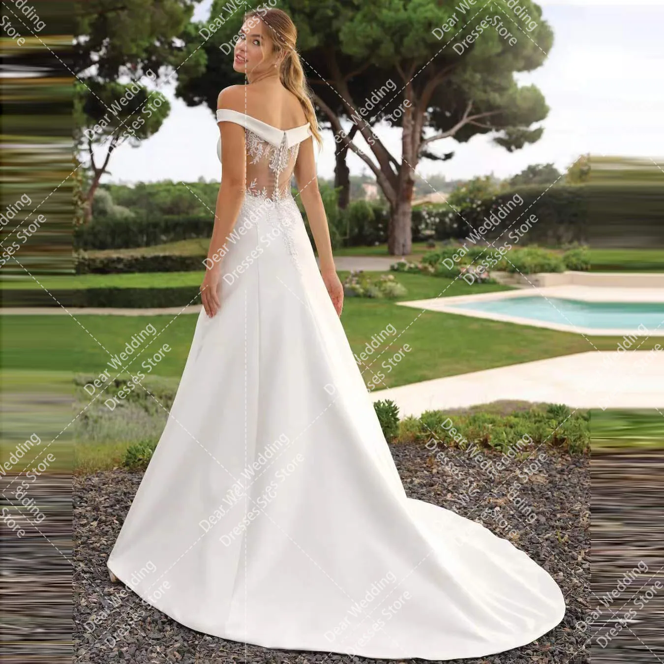 Vestidos de casamento de cetim sem costas para mulheres, linha, fora do ombro, ilusão de apliques, boho, lindo, simples, vestidos de noiva formais, 2024