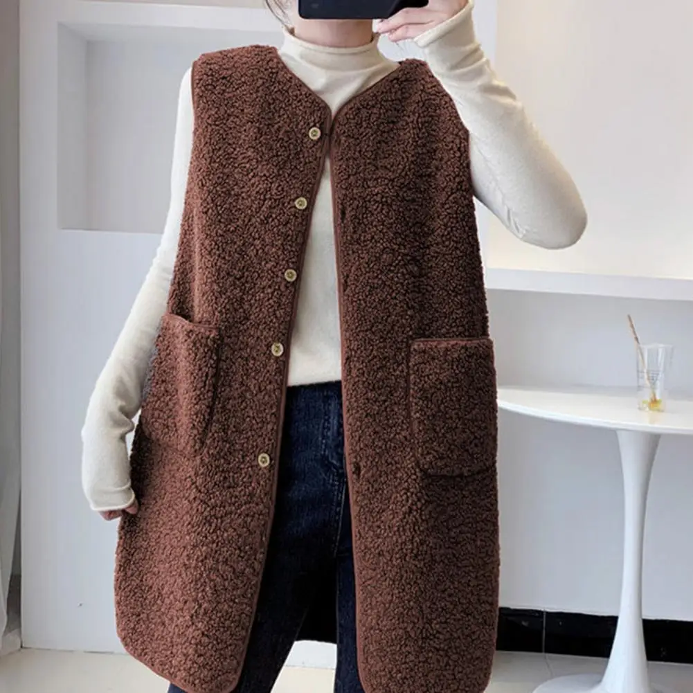 

Solid Color Vest with Pockets Stylish Sleeveless Women's Vest Coat with Pockets Mid-length Cardigan for Fall for Layering