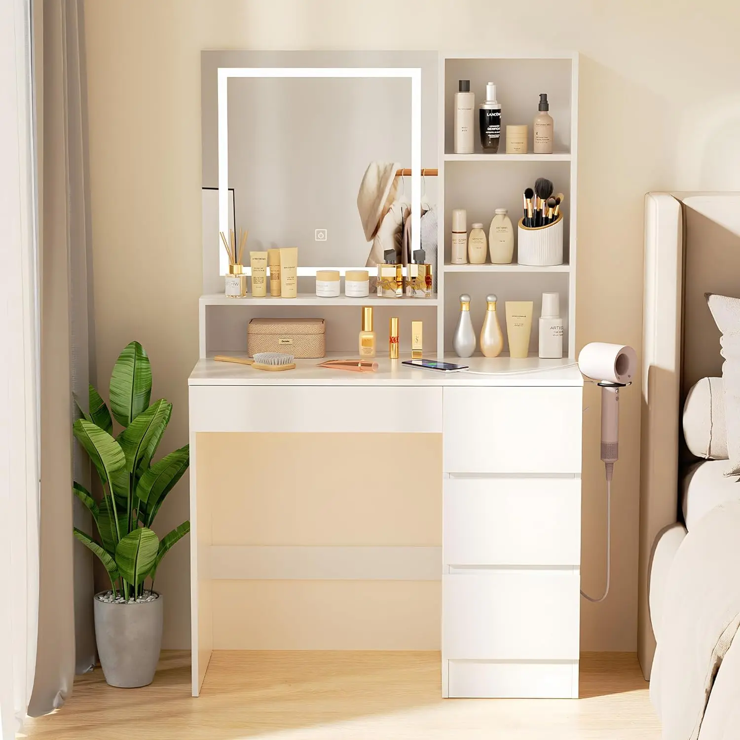 

White Vanity Desk with LED Lighted Mirror, Vanity with Power Strip, Makeup Desk w/4 Large Drawers, Makeup Table w/ 3 Lights Mode