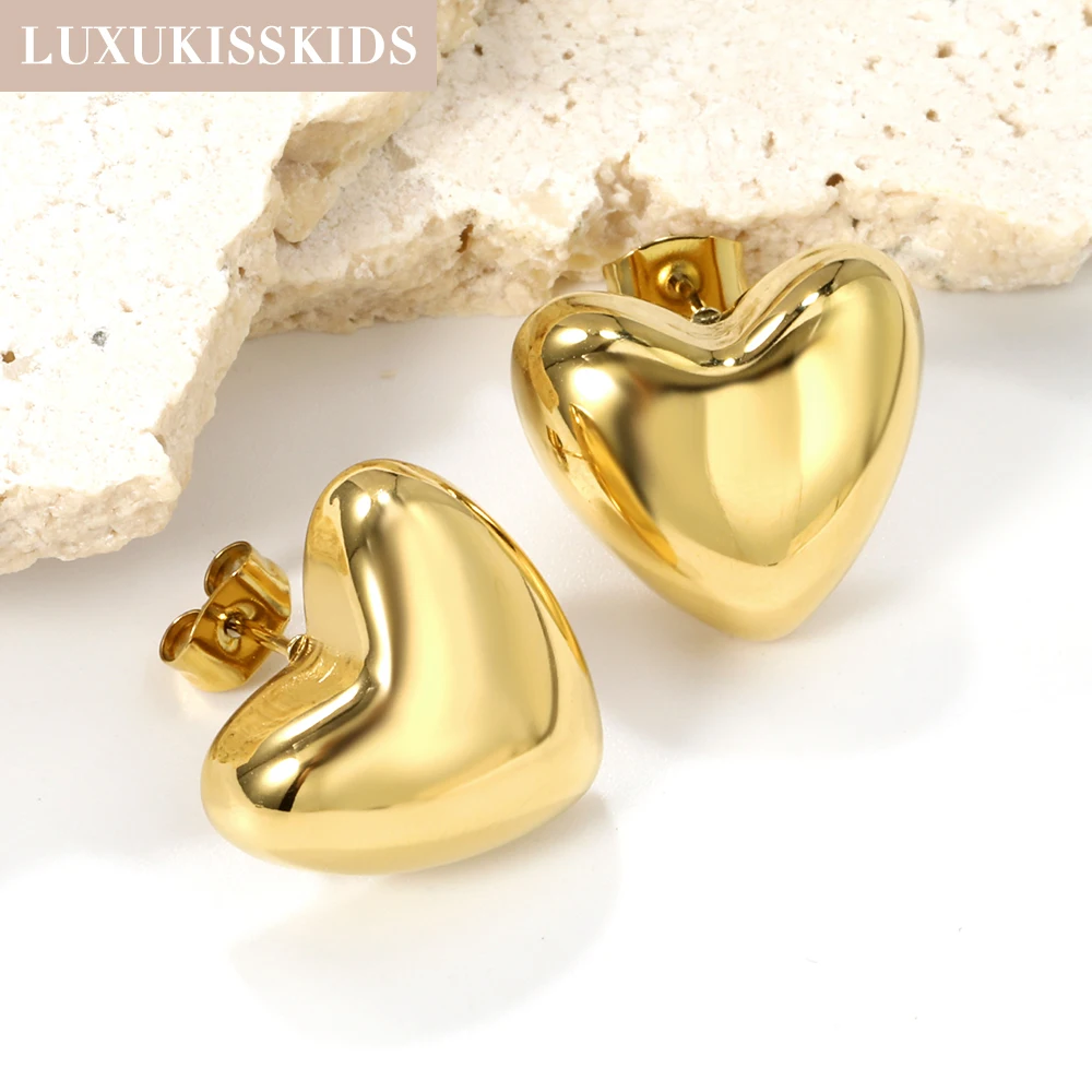 LUXUKISSKIDS Romantic Geometric Big Stud Earrings for Women Stainless Steel Texture Gold Color Waterproof Charms Wedding Party