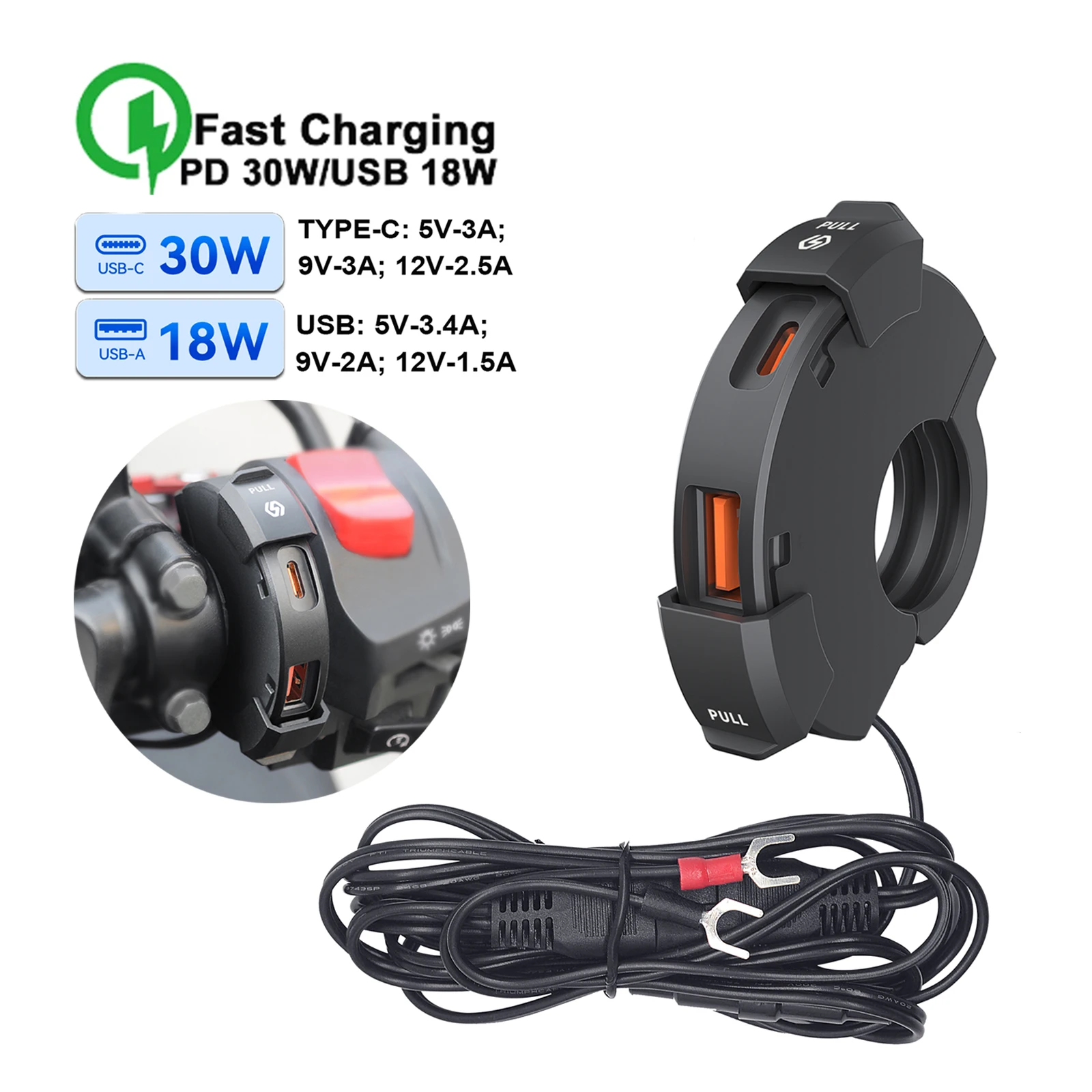 

12V 48W Motorcycle USB Socket PD QC3.0 Dual Port Power Outlet Fast Charger Type C Waterproof Phone Chargers Plug