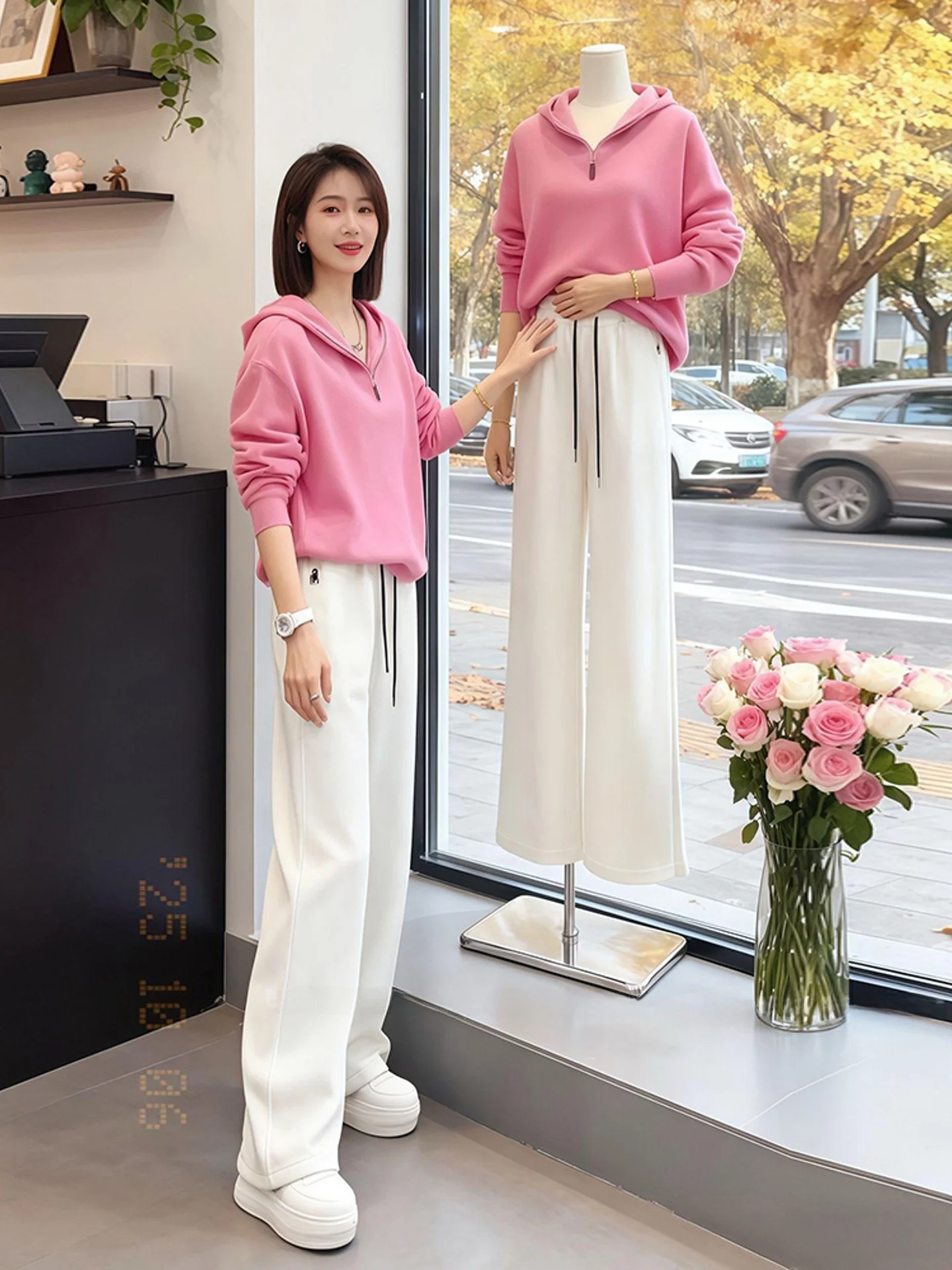 

Розовый свитшот и брюки с широкими штанинами: женский повседневный спортивный комплект из двух предметов, омолаживающий, зимний, модный, нежный, элегантный стиль