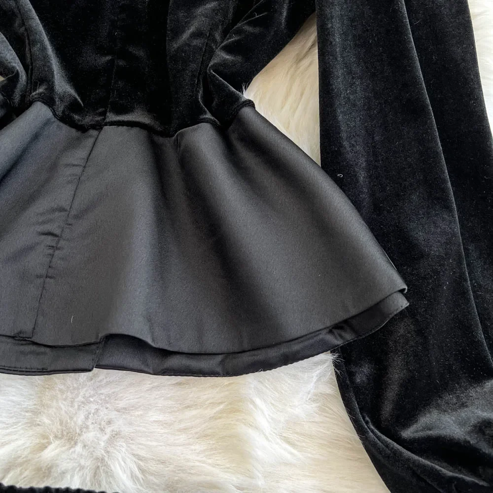 Elegant Long Sleeves Vintage O-neck Rhinestone Ruffle Velvet Top High Waist Split Skirt Korean High Street Autumn Winter Sets