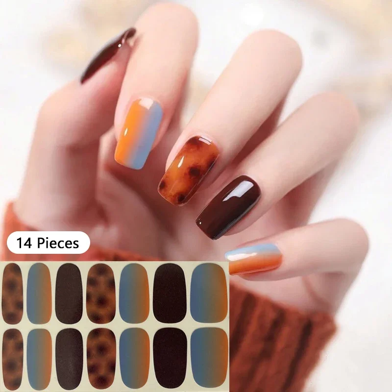 New 14 Strips Autumn Gel Nail Stickers Full Cover Nail Patch Leopard Print Nail Stickers Nail Polish Strips DIY Nail Art Making