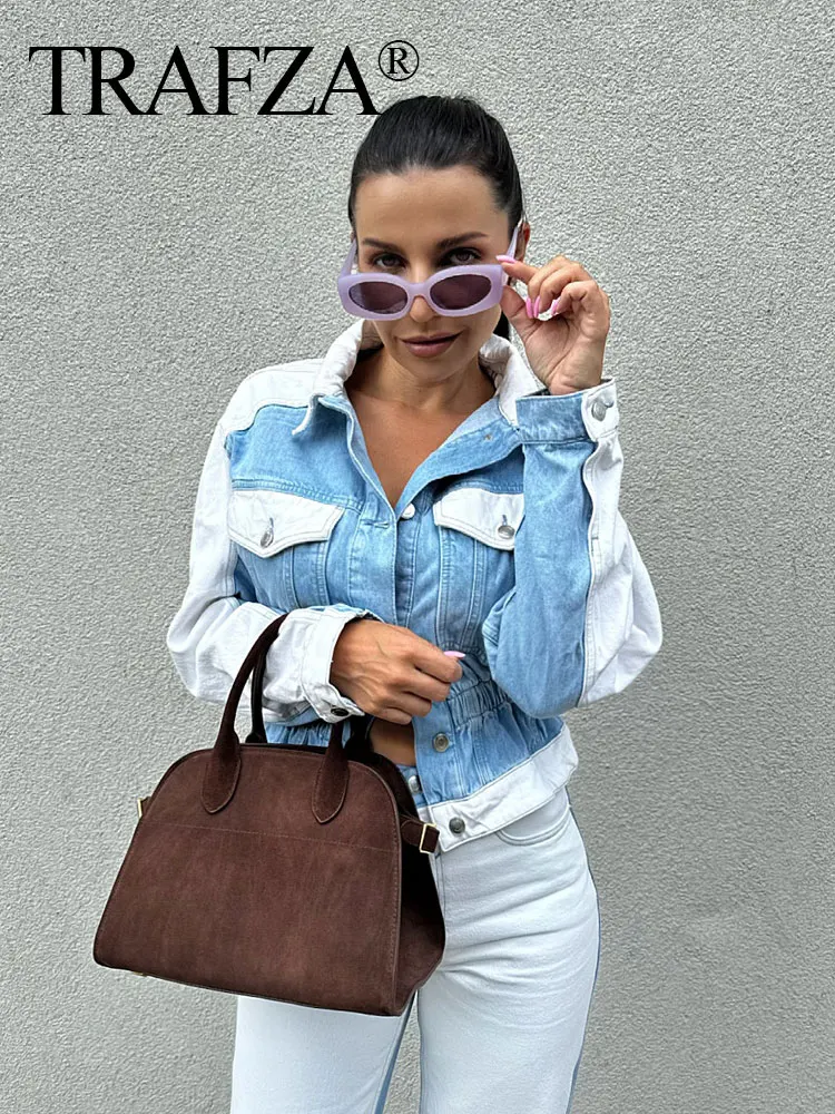

TRAFZA Women's Street Fashion Denim Splicing Suit Long Sleeves Lapel Single-breasted Pockets Jacket+Mid-waist Straight Jeans